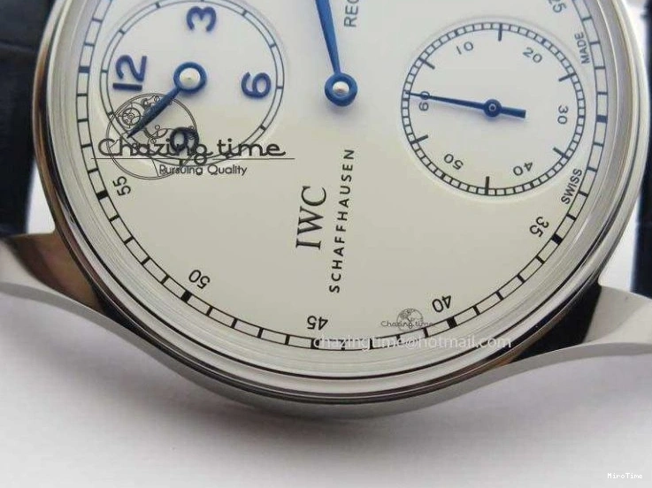 MIROTIME 0421 Portuguese IW5444 SS White Dial Blue Numbers On Blue Leather Strap A Modern 7258